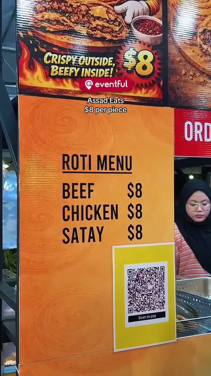 Assad Eats roti menu at Pasir Ris Ramadan Bazaar 2026, beef, chicken and satay at $8 each