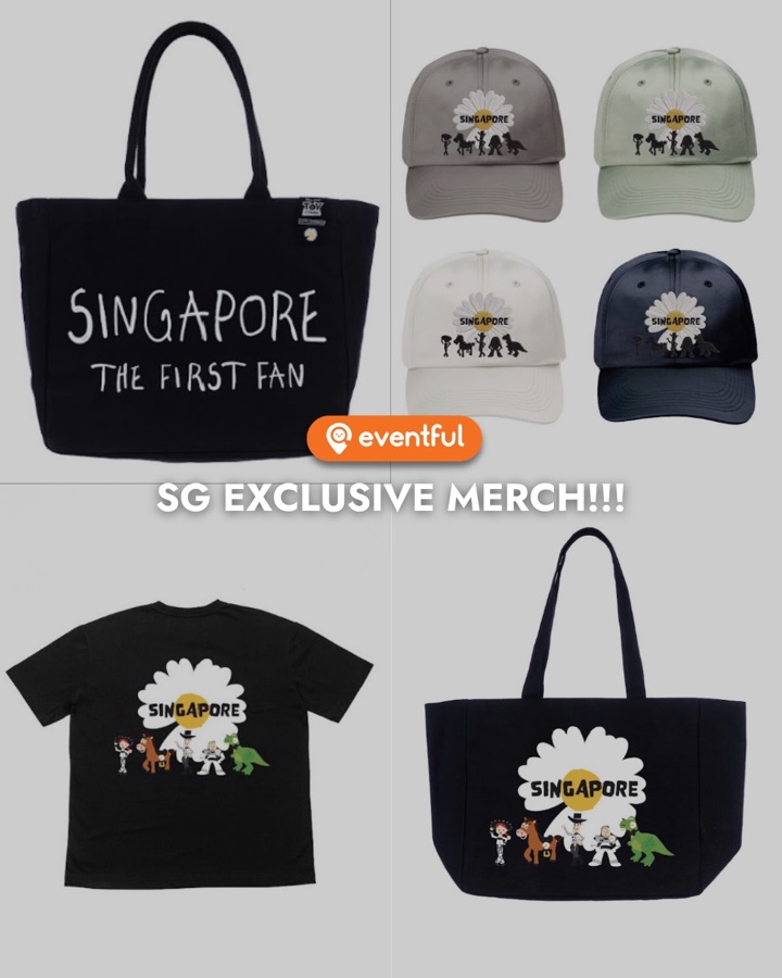 Singapore exclusive PEACEMINUSONE x Toy Story tote bags, caps and T-shirt with the daisy and SINGAPORE print