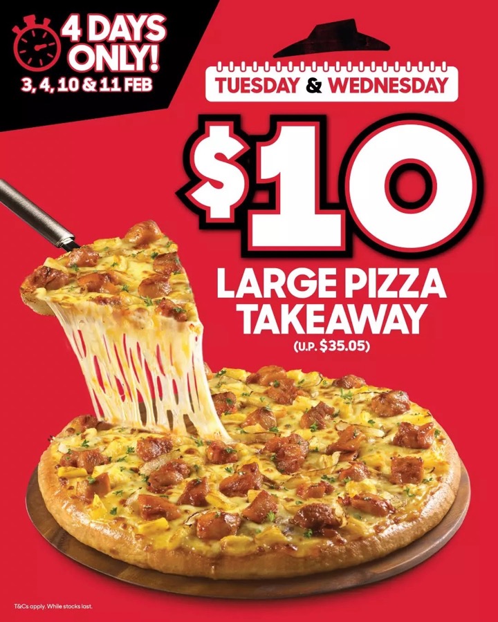 Pizza Hut poster for the $10 large pizza takeaway deal on 3, 4, 10 and 11 February 2026, usual price $35.05