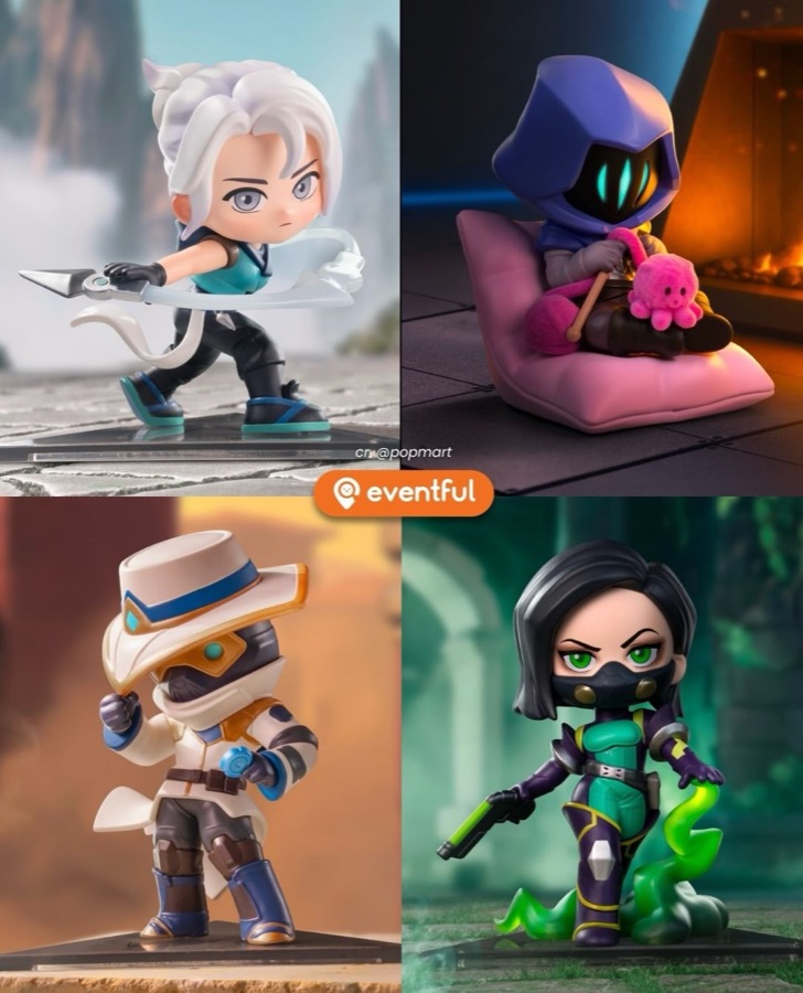 Pop Mart Valorant figures of Jett, Omen Downtime secret knitting on a cushion, Cypher and Viper