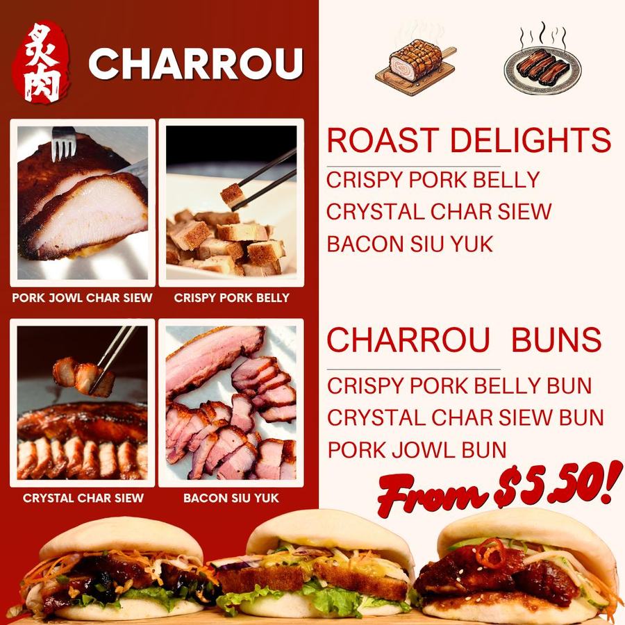 Charrou bazaar menu: roast delights and buns, crispy pork belly, crystal char siew, pork jowl, from $5.50