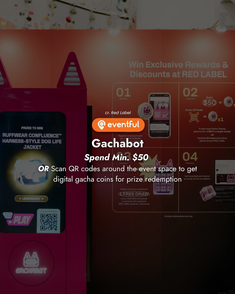 Gachabot prize machine and how-to-play board at Red Label
