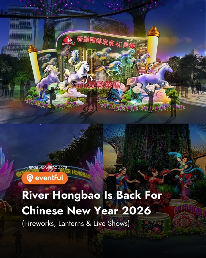 River Hongbao 2026 renderings of the galloping horse lantern under the Supertrees and festival dancers