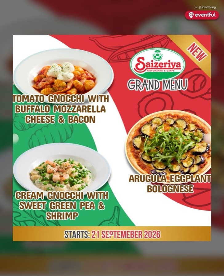 Saizeriya Grand Menu poster with Tomato Gnocchi, Cream Gnocchi and Arugula Eggplant Bolognese pizza