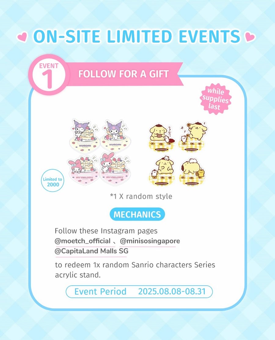 MINISO x MOETCH graphic: follow for a gift, one random Sanrio acrylic stand, limited to 2,000, event period 8 to 31 August 2025