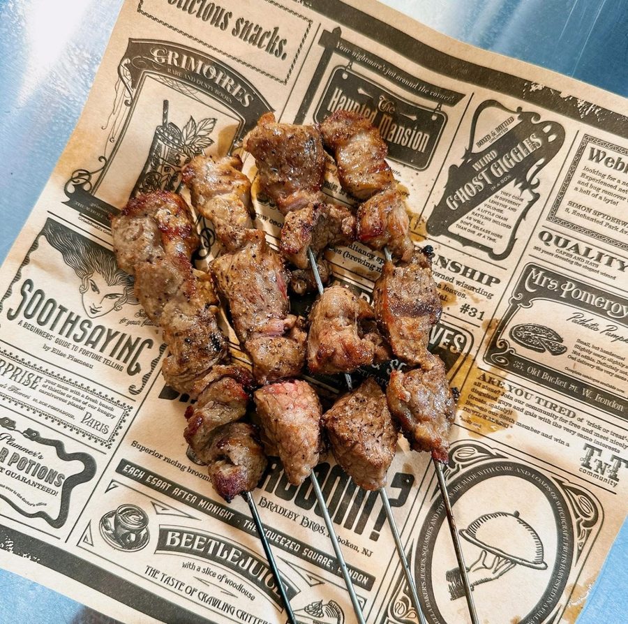 Lamb skewers on newspaper print at NOMADS