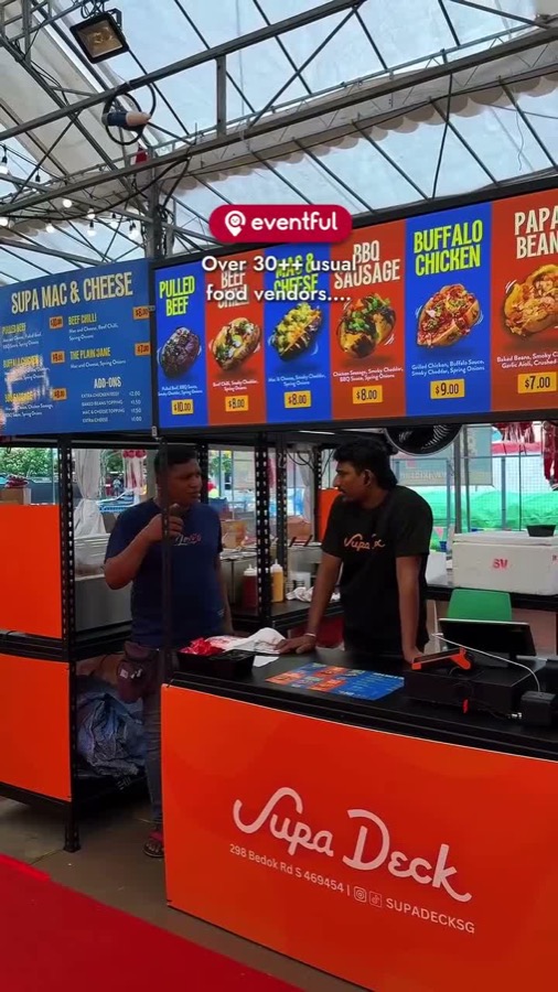Supa Deck menu board at the Sengkang pasar malam with loaded potato prices from $7 to $10