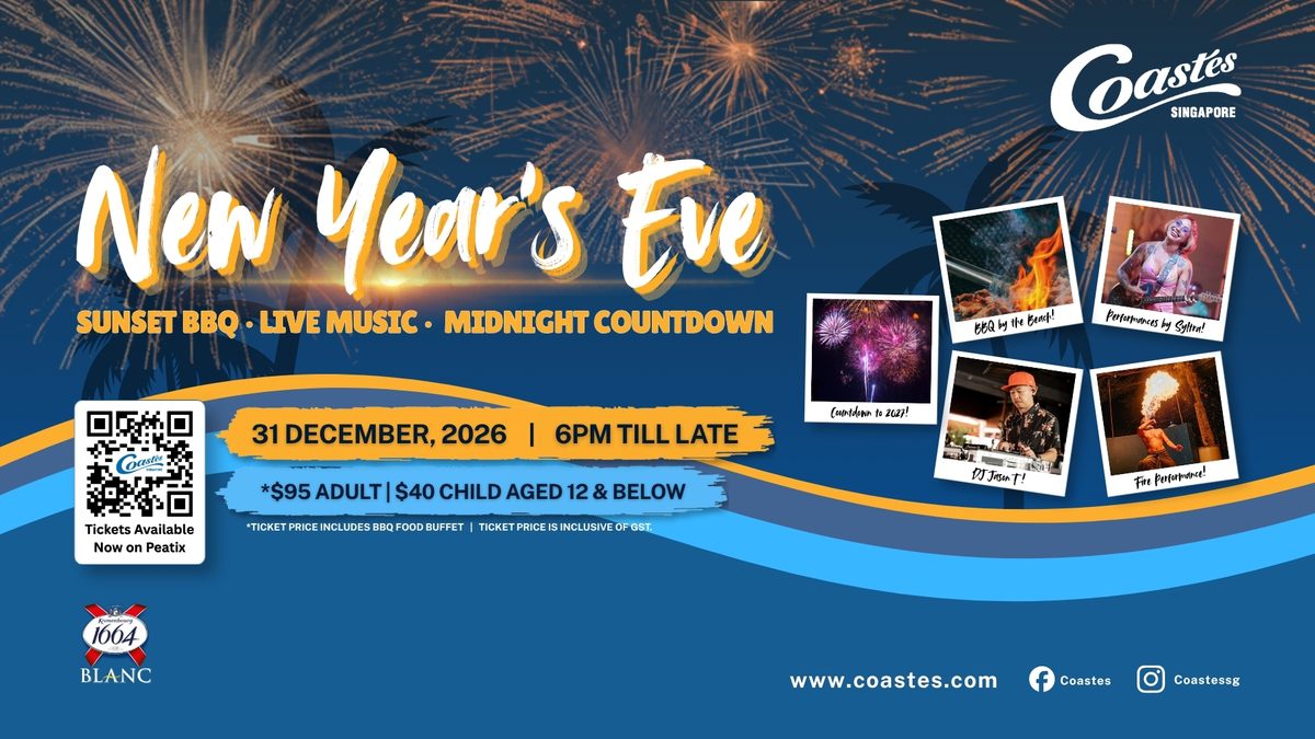 Coastes New Year's Eve 2026 poster with fireworks over Siloso Beach