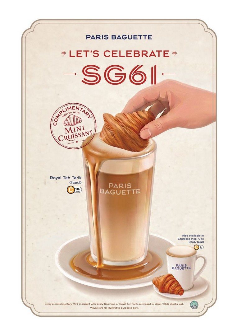 Paris Baguette SG61 poster showing a mini croissant being dipped into an iced Royal Teh Tarik