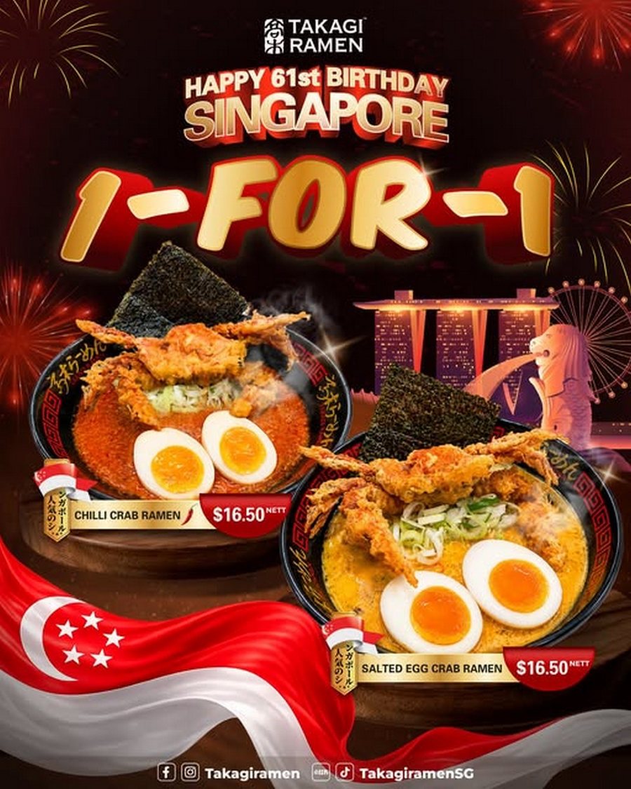 Takagi Ramen SG61 poster showing Chilli Crab Ramen and Salted Egg Crab Ramen at $16.50 nett each