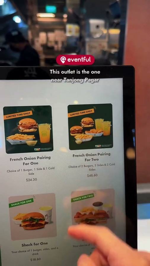 Shake Shack kiosk at 89 Neil Road showing French Onion Pairing For One at $24.30 and Pairing For Two at $48.60