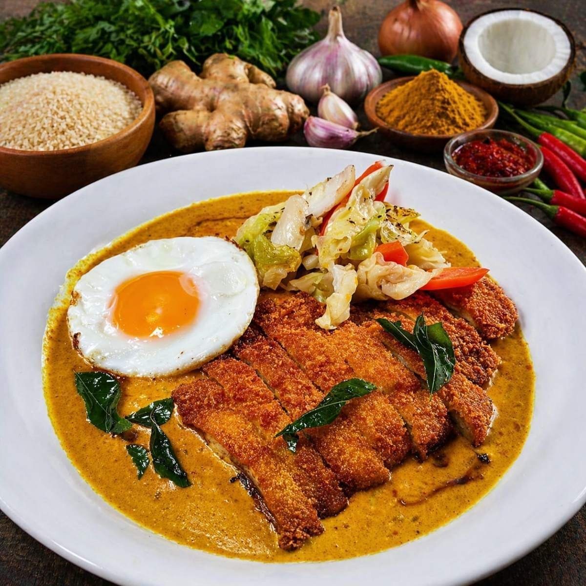 Chicken cutlet in curry with a fried egg and cabbage at Simon Says Cafe