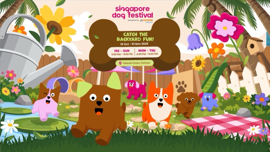 Singapore Dog Festival 2026 key visual showing 16 Oct to 1 Nov 2026, Fri to Sun 3pm to 9pm, Mon to Thu 4pm to 9pm, Palawan Green