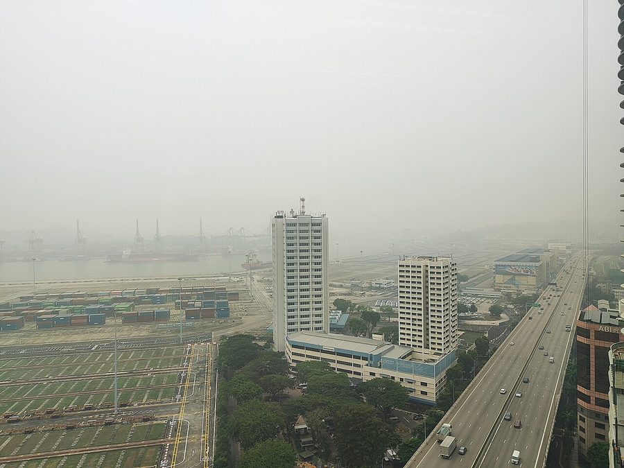 Tanjong Pagar port cranes faded into grey haze, seen from a high floor