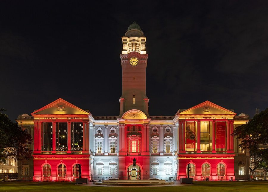 Victoria Theatre and Concert Hall lit up at night