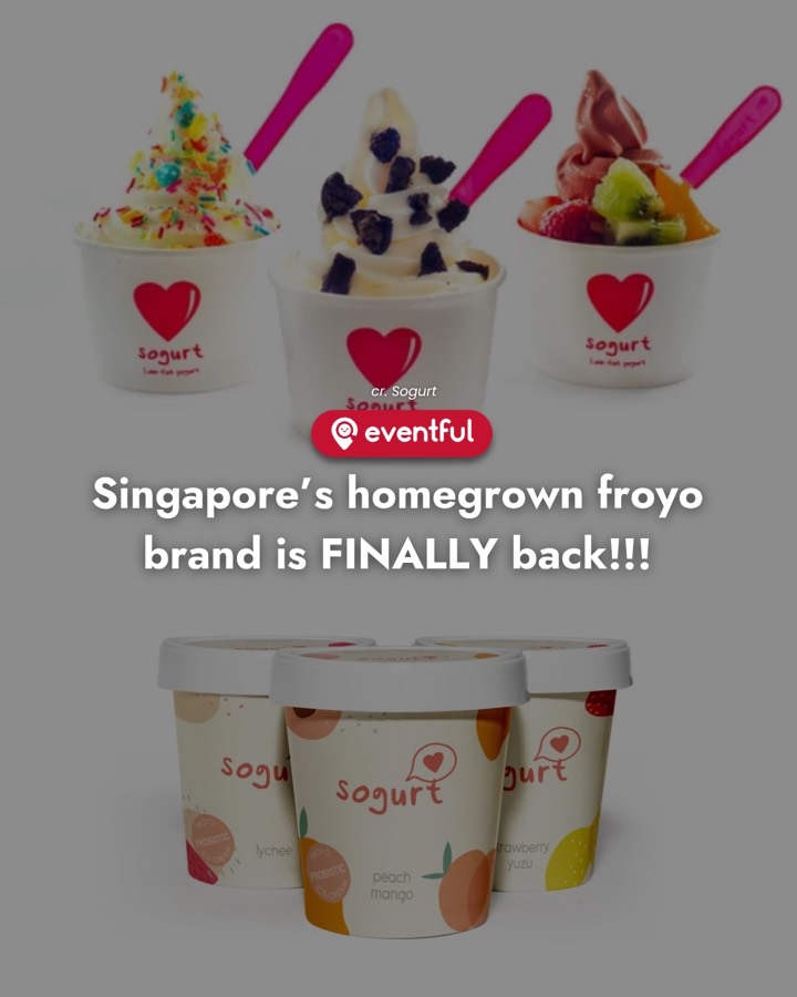 Three Sogurt froyo cups with pink spoons and the heart logo, and three Sogurt pints in lychee, peach mango and strawberry yuzu