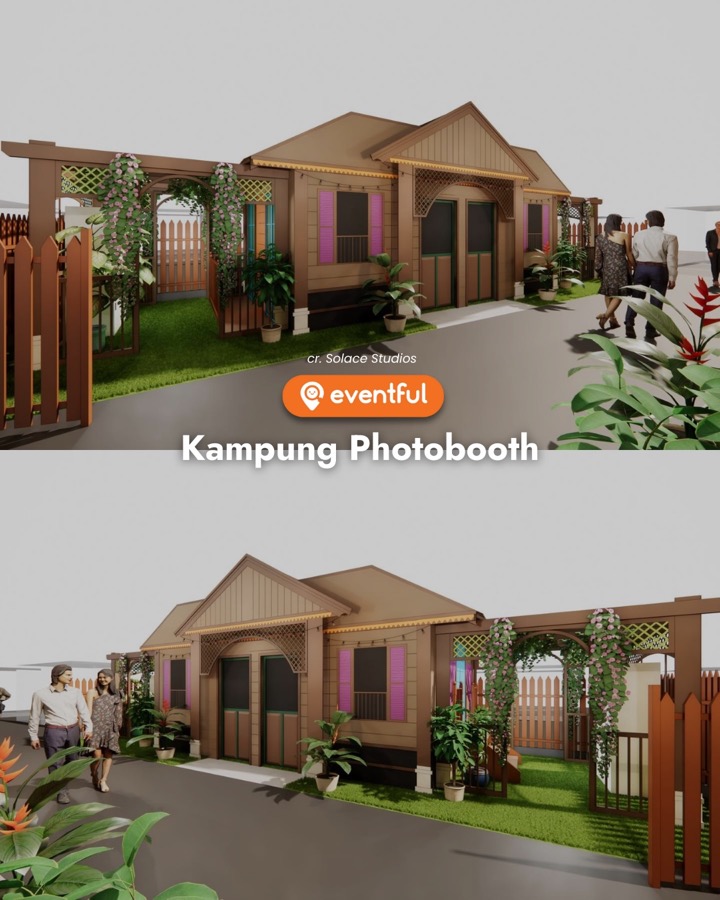 Solace Studios design renders of the Kampung Photobooth, a wooden kampung house with pink shutters and a picket fence