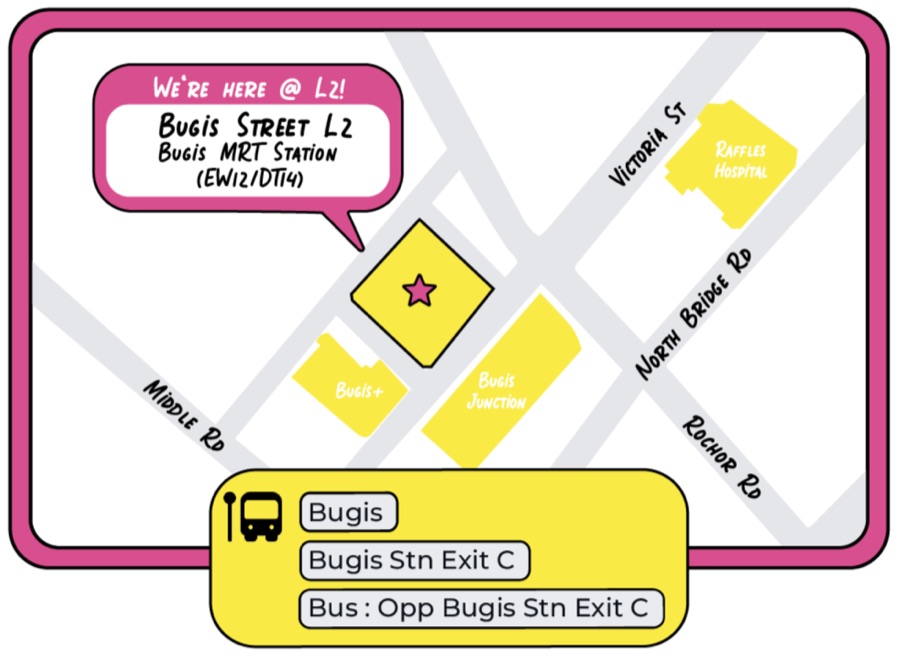 Fleawhere's map showing SOMEWHERE on Bugis Street L2, right beside Bugis MRT exit C