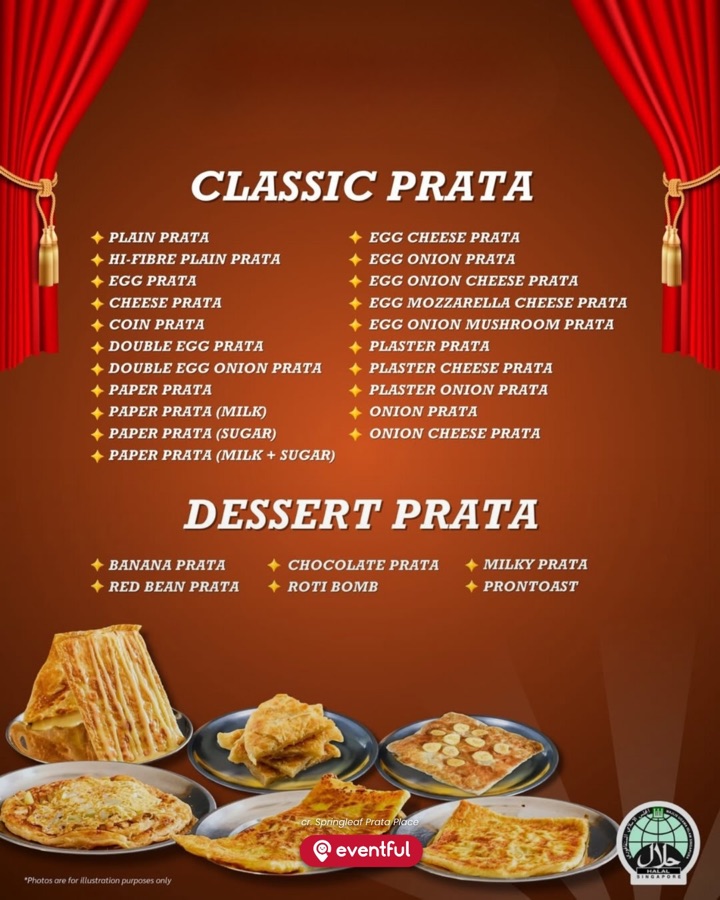 Springleaf Prata Place buffet menu listing 21 classic prata and 6 dessert prata