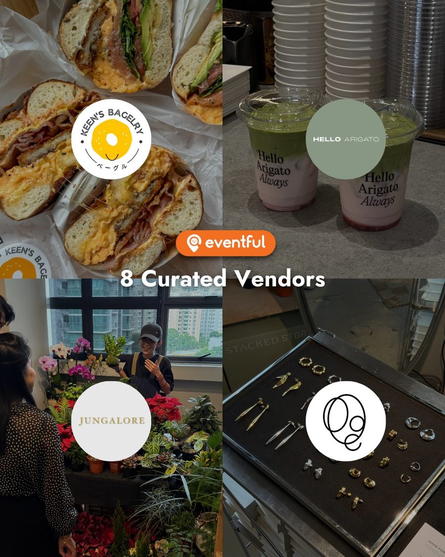 Four vendors at the Stacked Store Christmas Market: Keen's Bagelry bagels, Hello Arigato drinks, Jungalore flowers and a jewellery tray