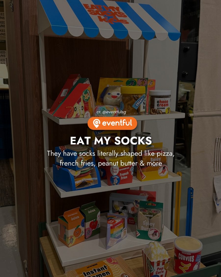Eat My Socks stall with food-packaging style socks on shelves