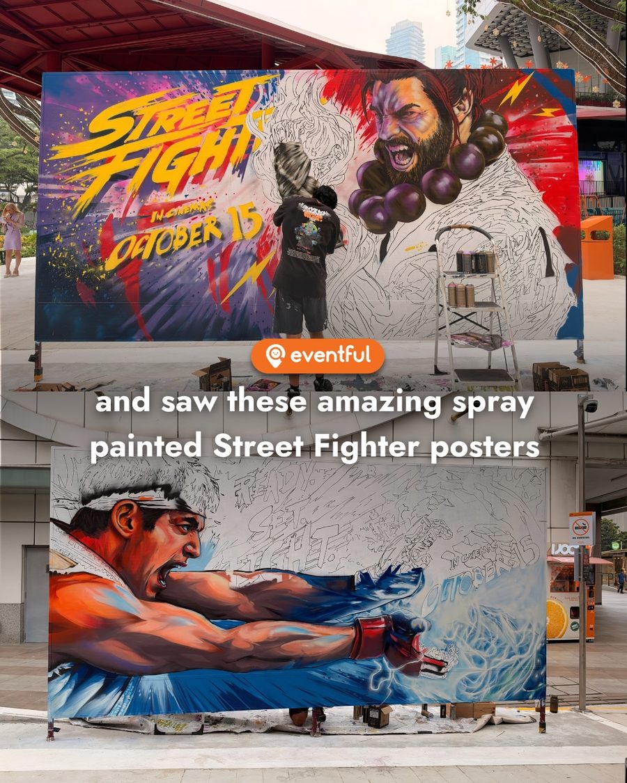 Artist spray painting a Street Fighter Akuma poster board and a Ryu fireball board at *SCAPE