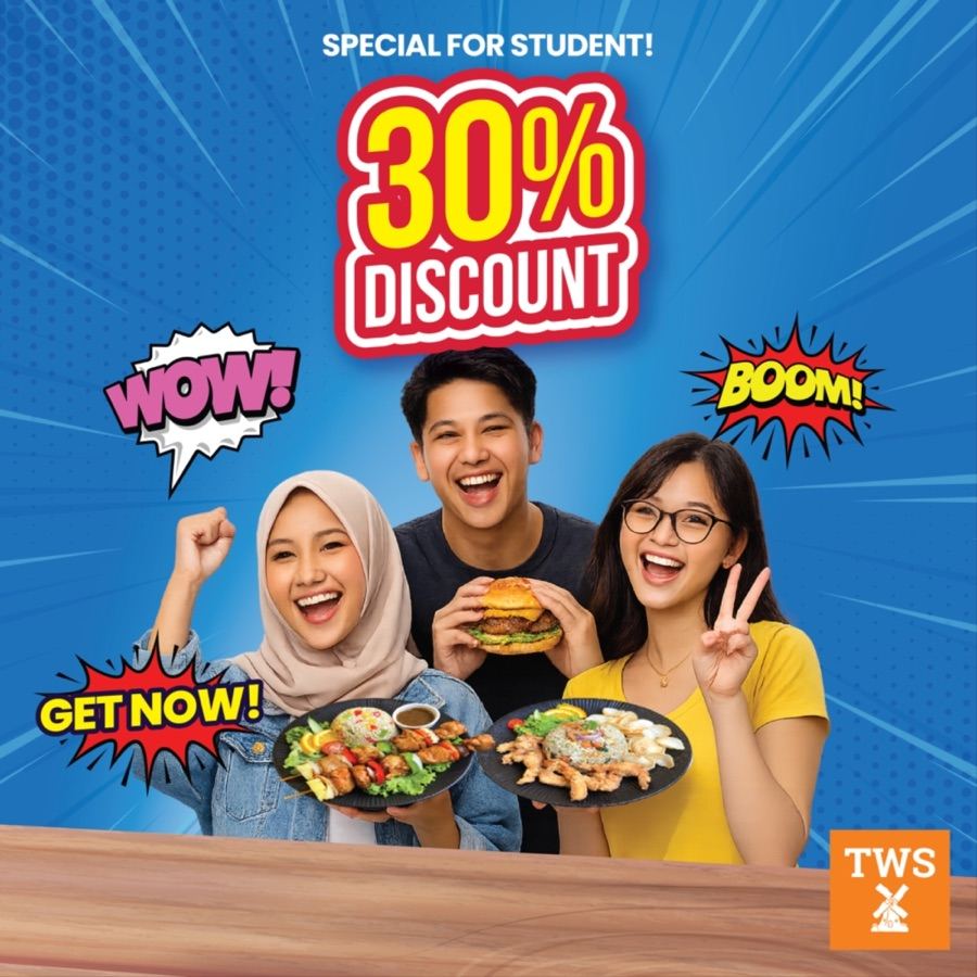 TWS student promotion poster showing a 30% discount with chicken chop and burger plates