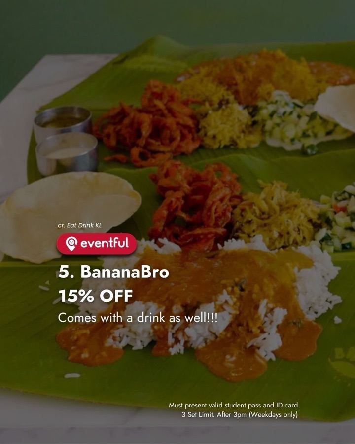 Banana leaf rice set with curry, papadum and vegetables on our BananaBro student deal slide