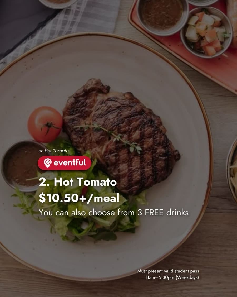A grilled sirloin steak with salad and sauce on a white plate at Hot Tomato