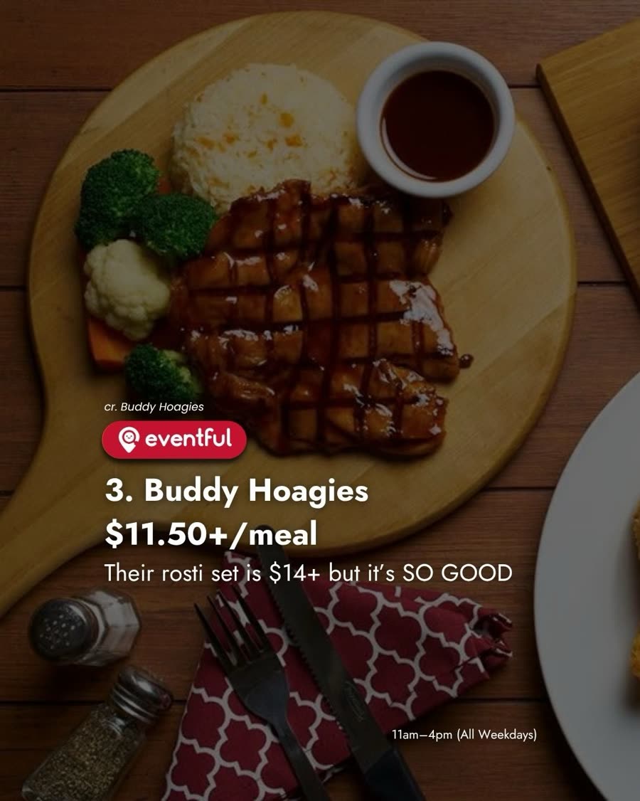 Grilled chicken with rice, broccoli and cauliflower on a wooden board at Buddy Hoagies