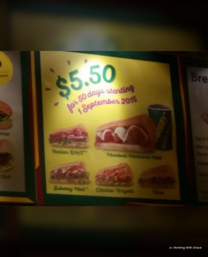 Subway Singapore menu board advertising $5.50 for 50 days starting 1 September 2015