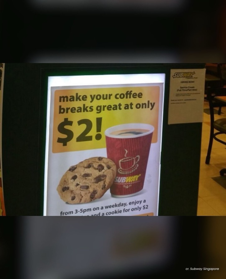 Subway Singapore poster: coffee and a cookie for $2 from 3pm to 5pm on weekdays
