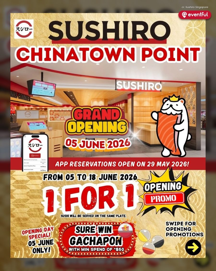 Sushiro Chinatown Point grand opening poster for 5 June 2026 with the 1-for-1 opening promotion