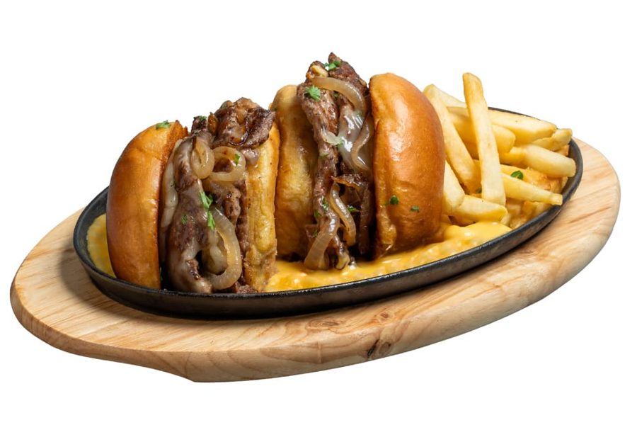 Swensen's original Sizzling Cheese Burger with nacho cheese sauce and fries