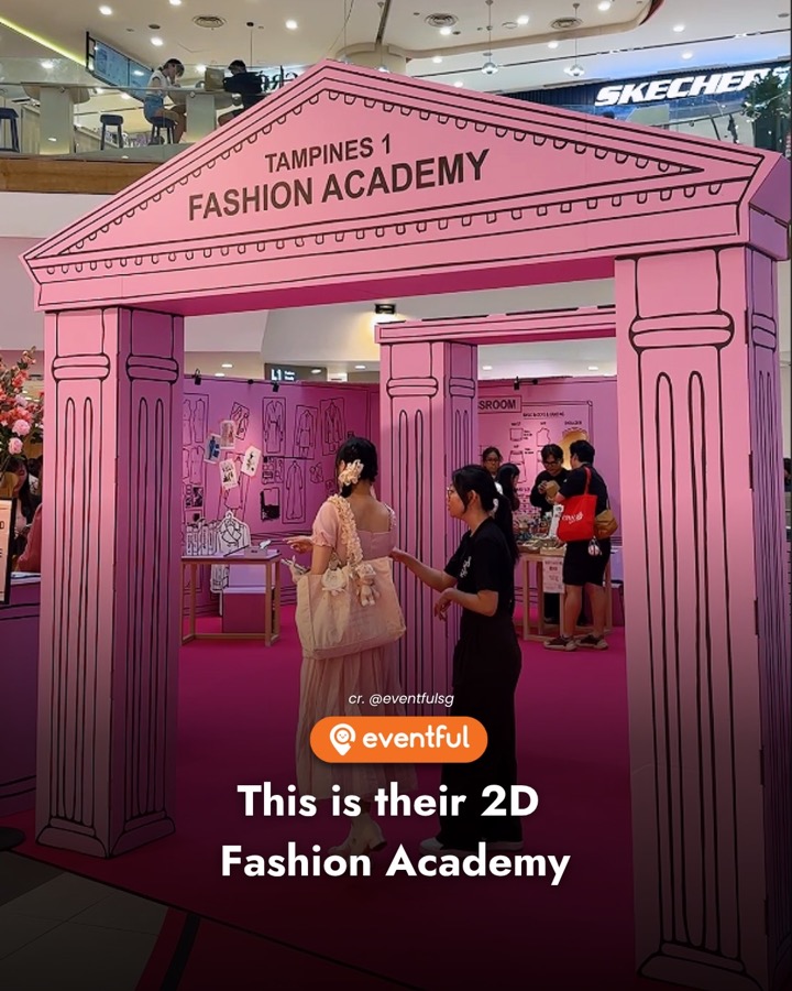 The pink cardboard 2D Fashion Academy arch at Tampines 1