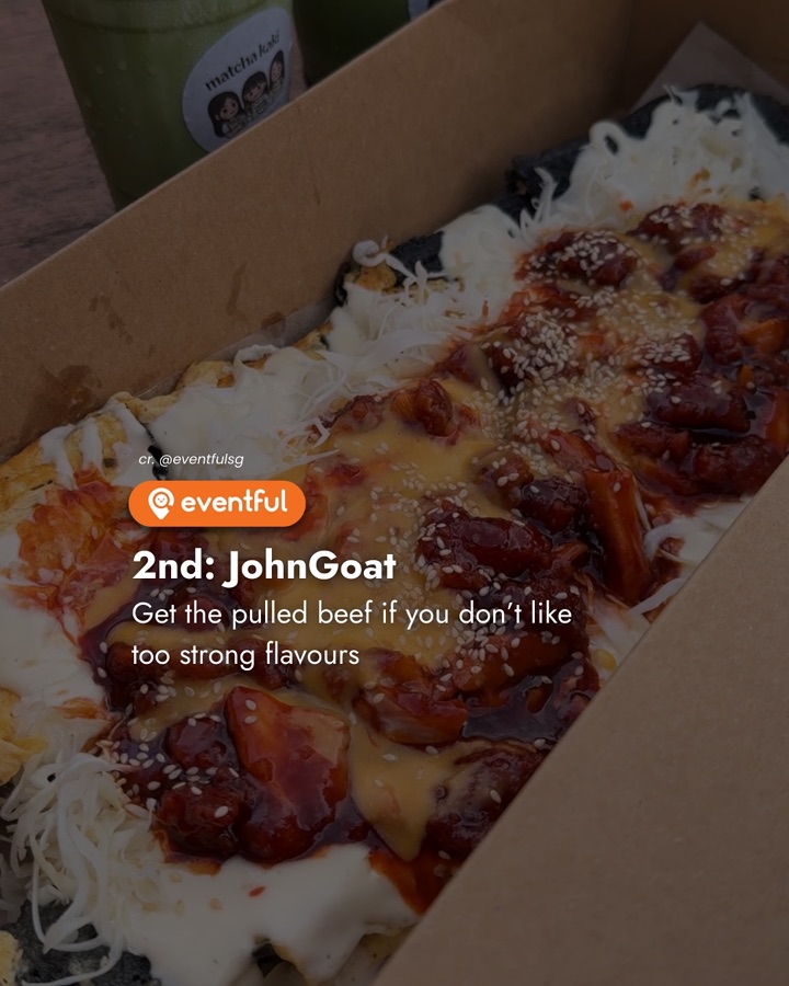 JohnGoat charcoal base topped with cheese and sauce at the Tampines MRT Bazaar