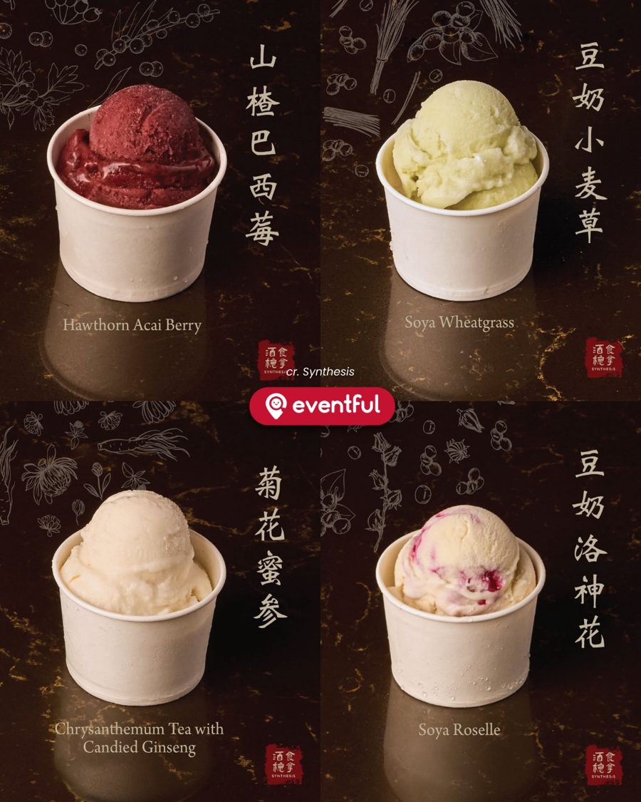 Four Synthesis TCM ice cream flavours: Hawthorn Acai Berry, Soya Wheatgrass, Chrysanthemum Tea with Candied Ginseng and Soya Roselle