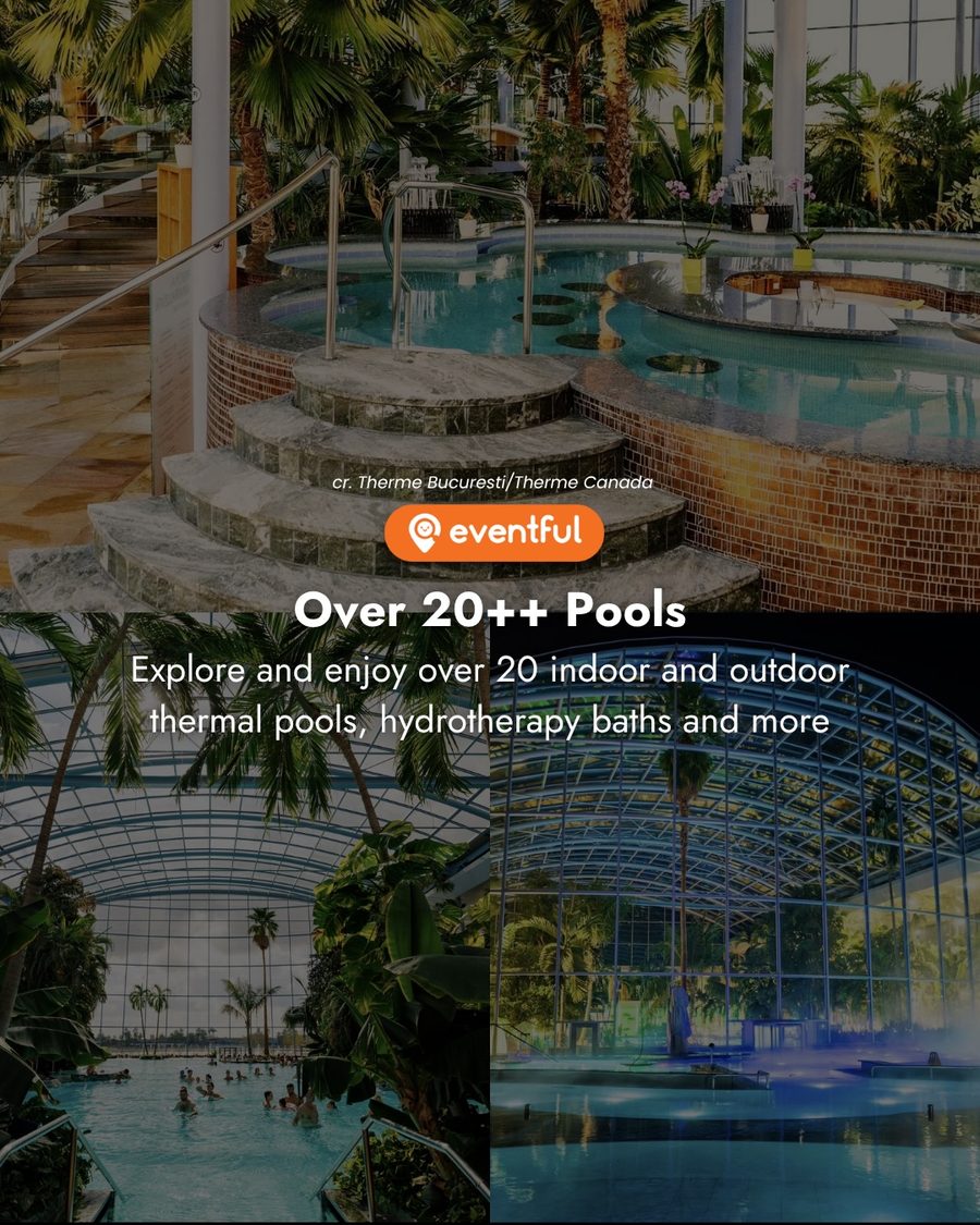 Thermal pools under a glass roof at an existing Therme location