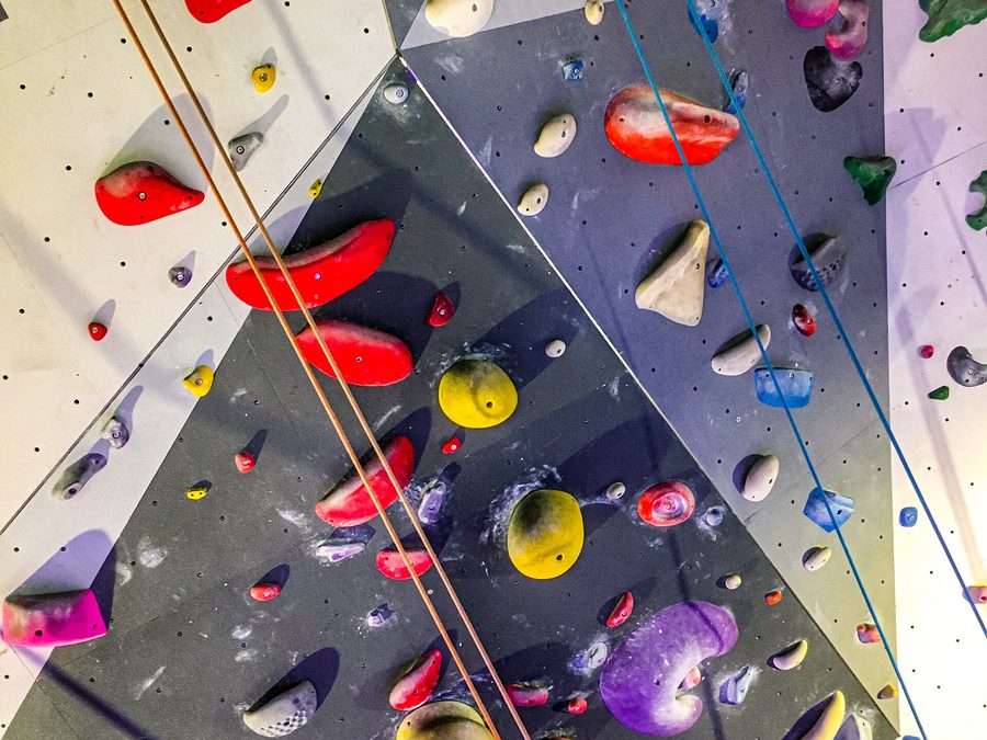 Climbing holds on the wall at Climb Central in Funan