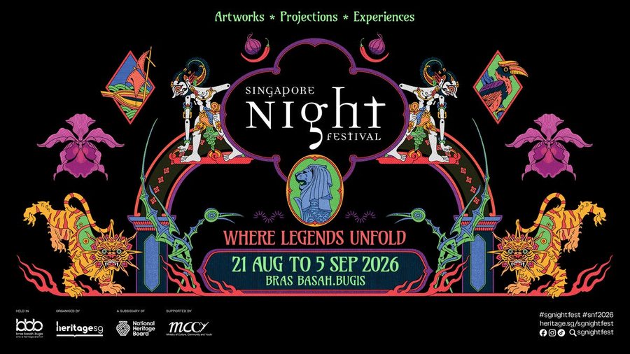 Singapore Night Festival 2026 key visual, Where Legends Unfold, 21 Aug to 5 Sep