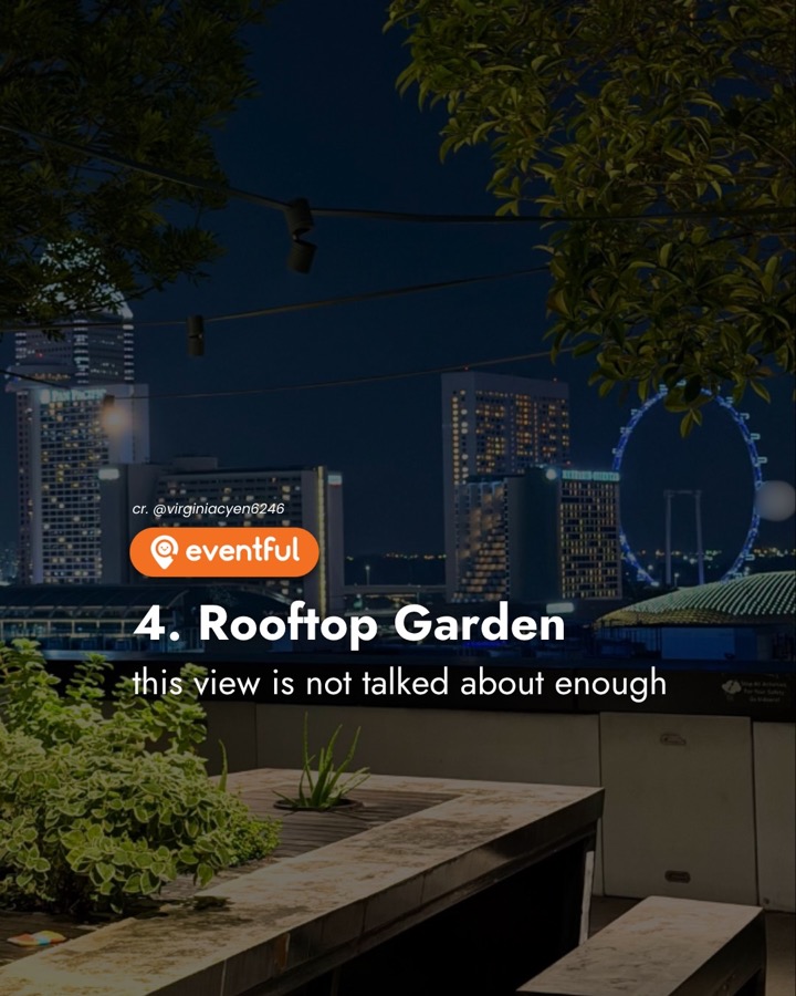 Night view from Funan's rooftop garden towards the city skyline and the Singapore Flyer