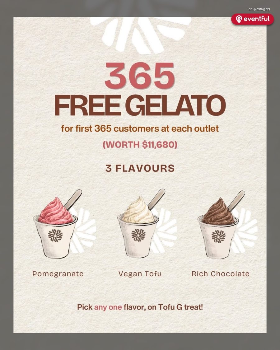 Tofu G poster offering 365 free gelato scoops per outlet in pomegranate, vegan tofu and rich chocolate
