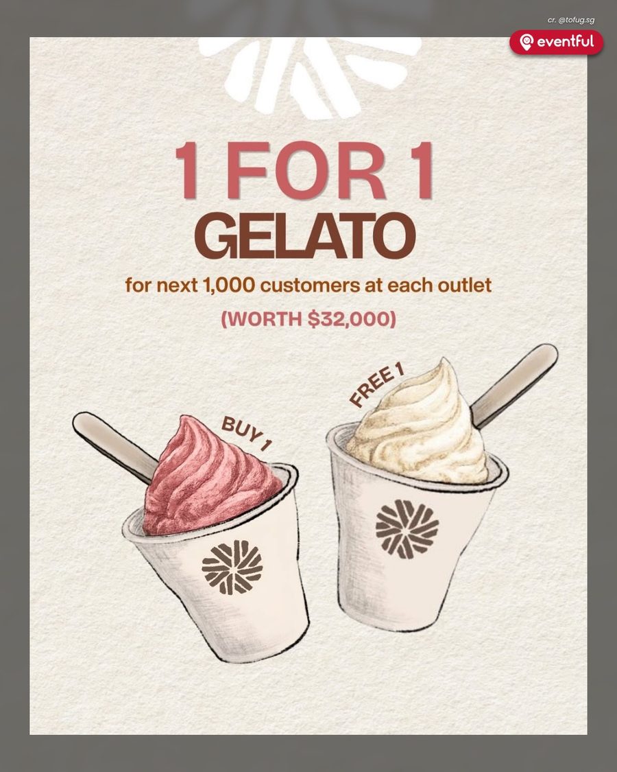 Tofu G poster offering 1-for-1 gelato for the next 1,000 customers at each outlet