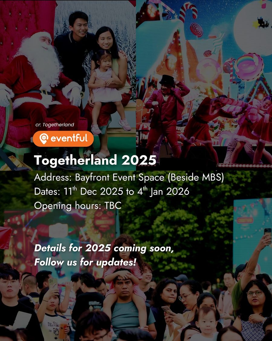 Our Togetherland 2025 announcement slide with the Bayfront Event Space address and dates over photos of Santa and stage dancers