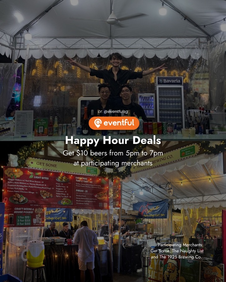 Bar tent at Togetherland 2025 with the happy hour menu boards