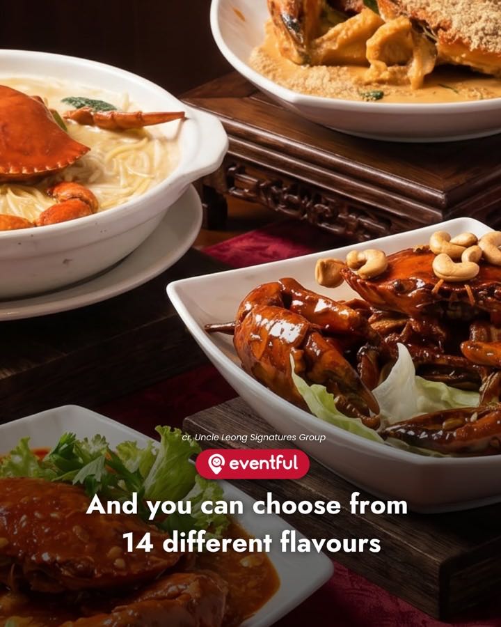 Four Uncle Leong Signatures crab dishes on a table, including crab bee hoon soup and a dark sauce crab topped with cashews