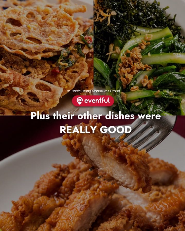 Uncle Leong Signatures side dishes: salted egg lotus root chips, stir-fried kailan with crispy garlic and a plate of sliced crispy chicken