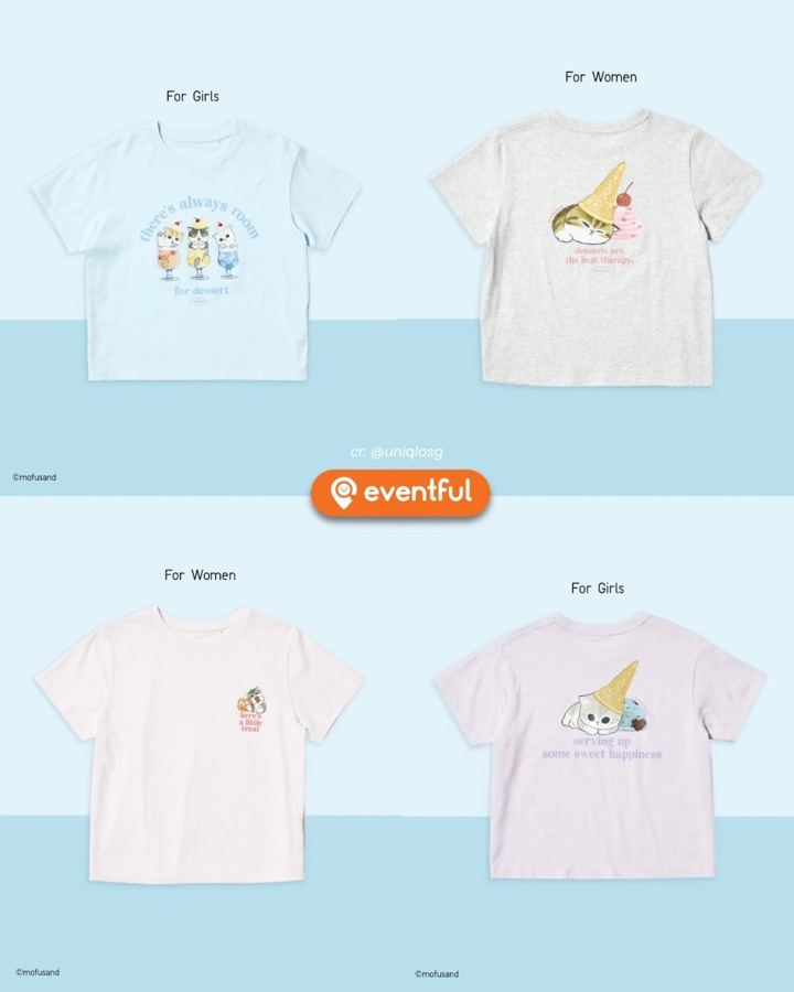 Four mofusand Sweets Meow UT tees: a light blue cream soda girls tee, a grey ice cream women's tee, a white women's tee and a lilac girls tee