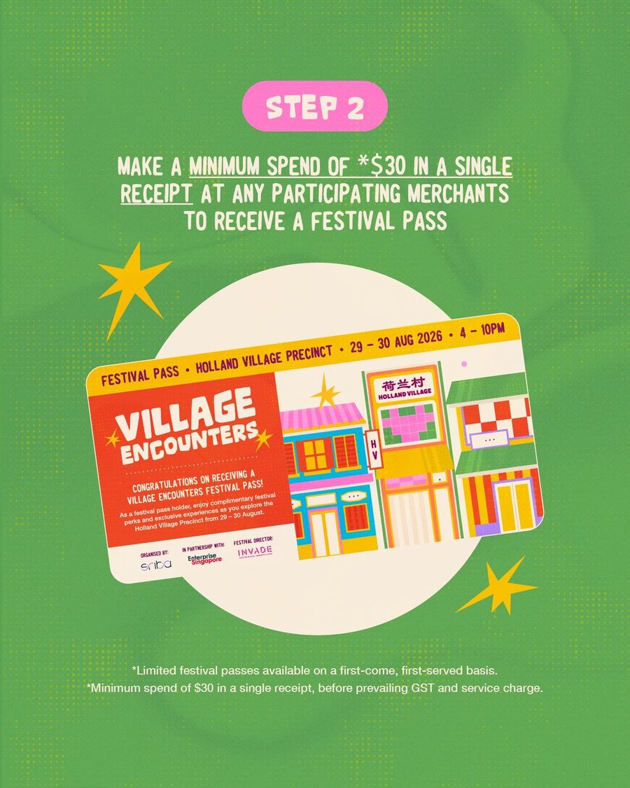 Village Encounters festival pass artwork with the $30 minimum spend condition