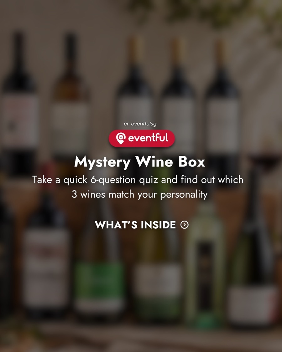 Blurred wine bottles behind the words Mystery Wine Box, take a quick 6-question quiz and find out which 3 wines match your personality